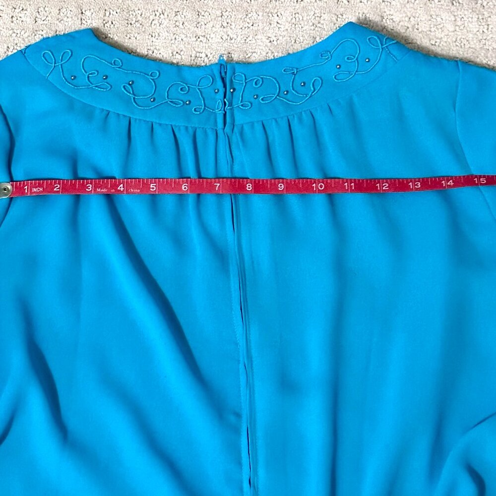 Vtg Diane Roberts Blue Semi Sheer Dress w Emb. & Beaded Collar 44 Bust Sz. 12/14 - Picture 9 of 11
